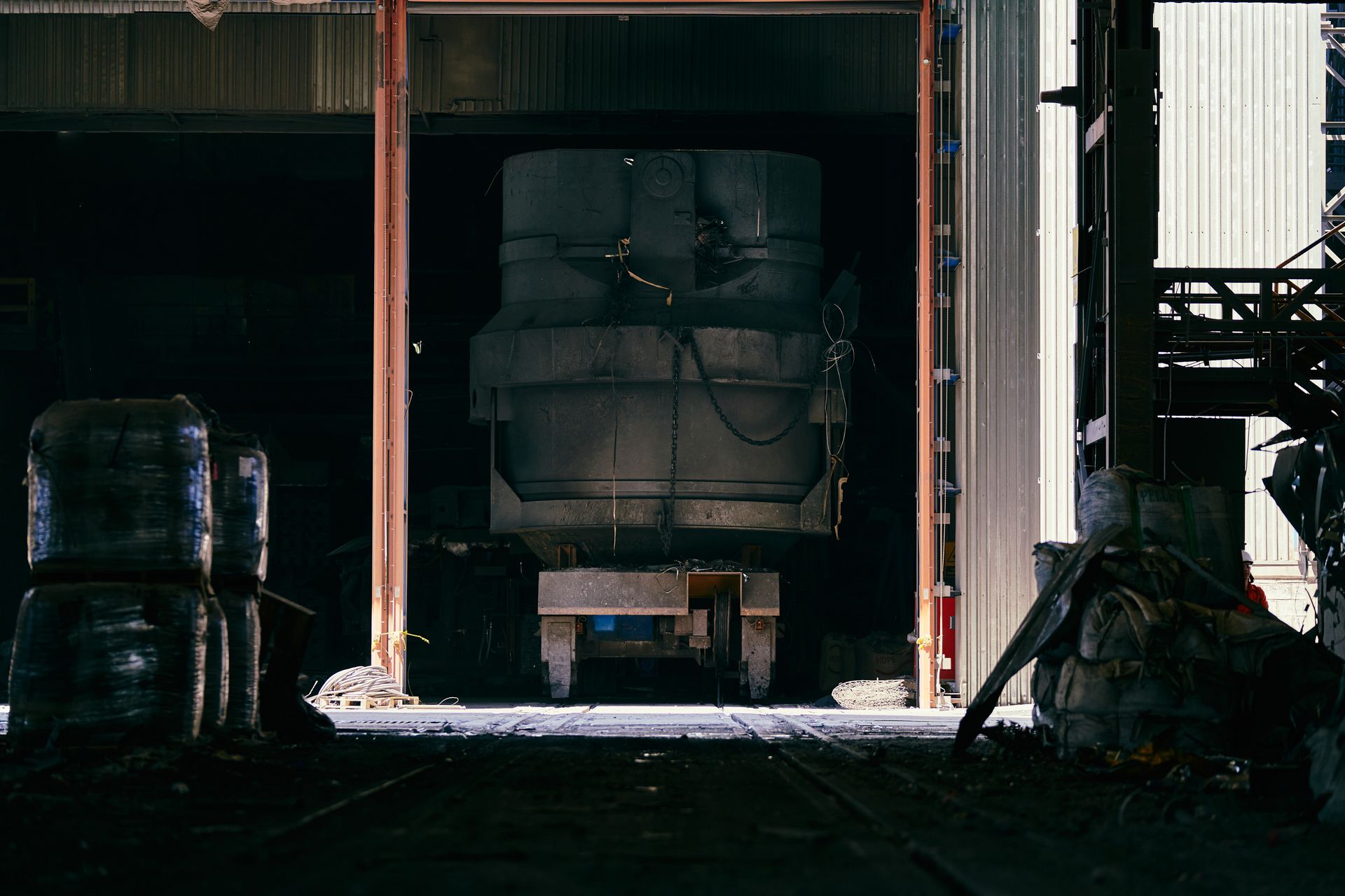 Steel ladle on a transfer car inside a steel plant